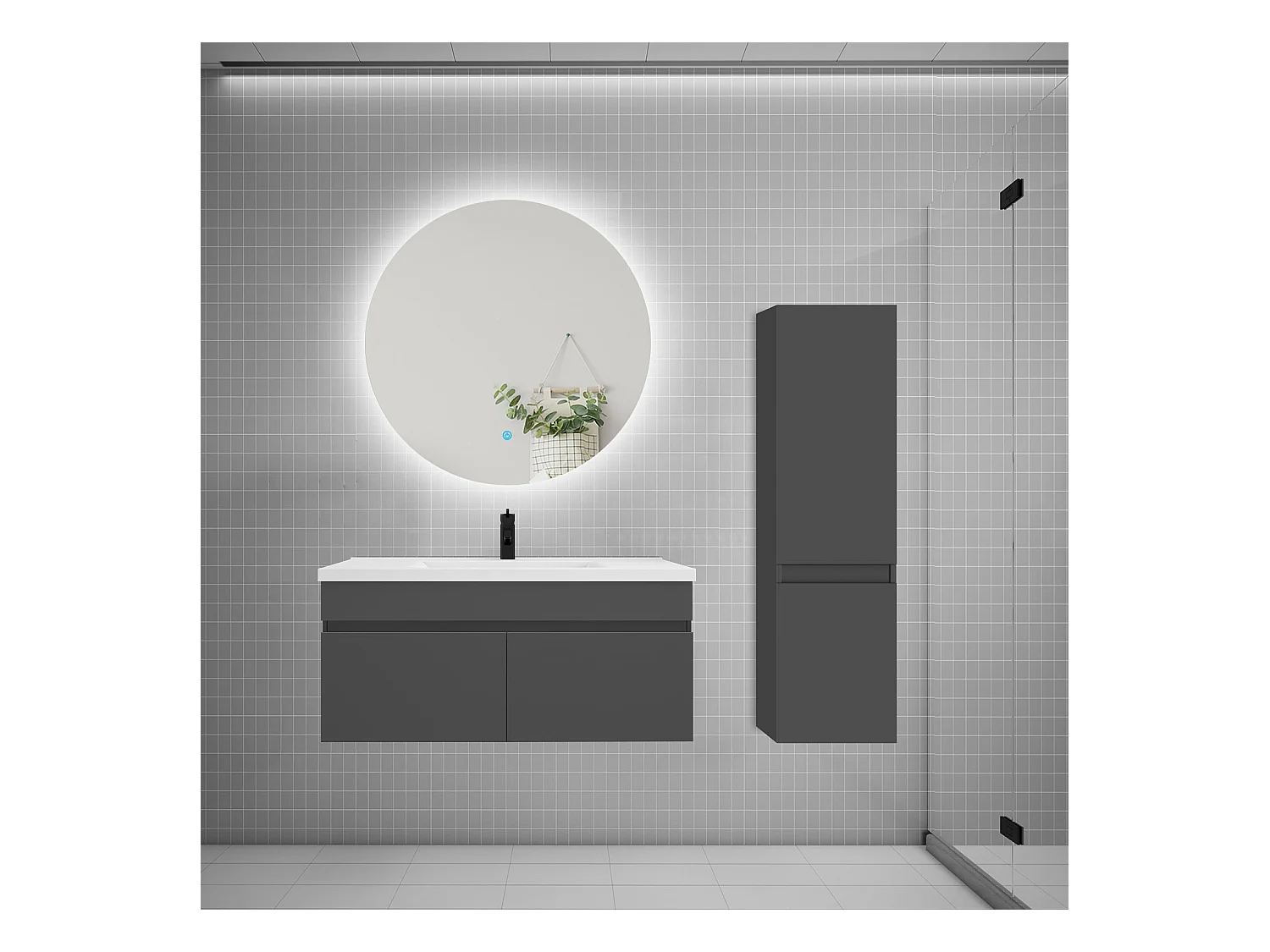 Ensemble meuble simple vasque 100cm lavabo + colonne + miroir rond,anthracite