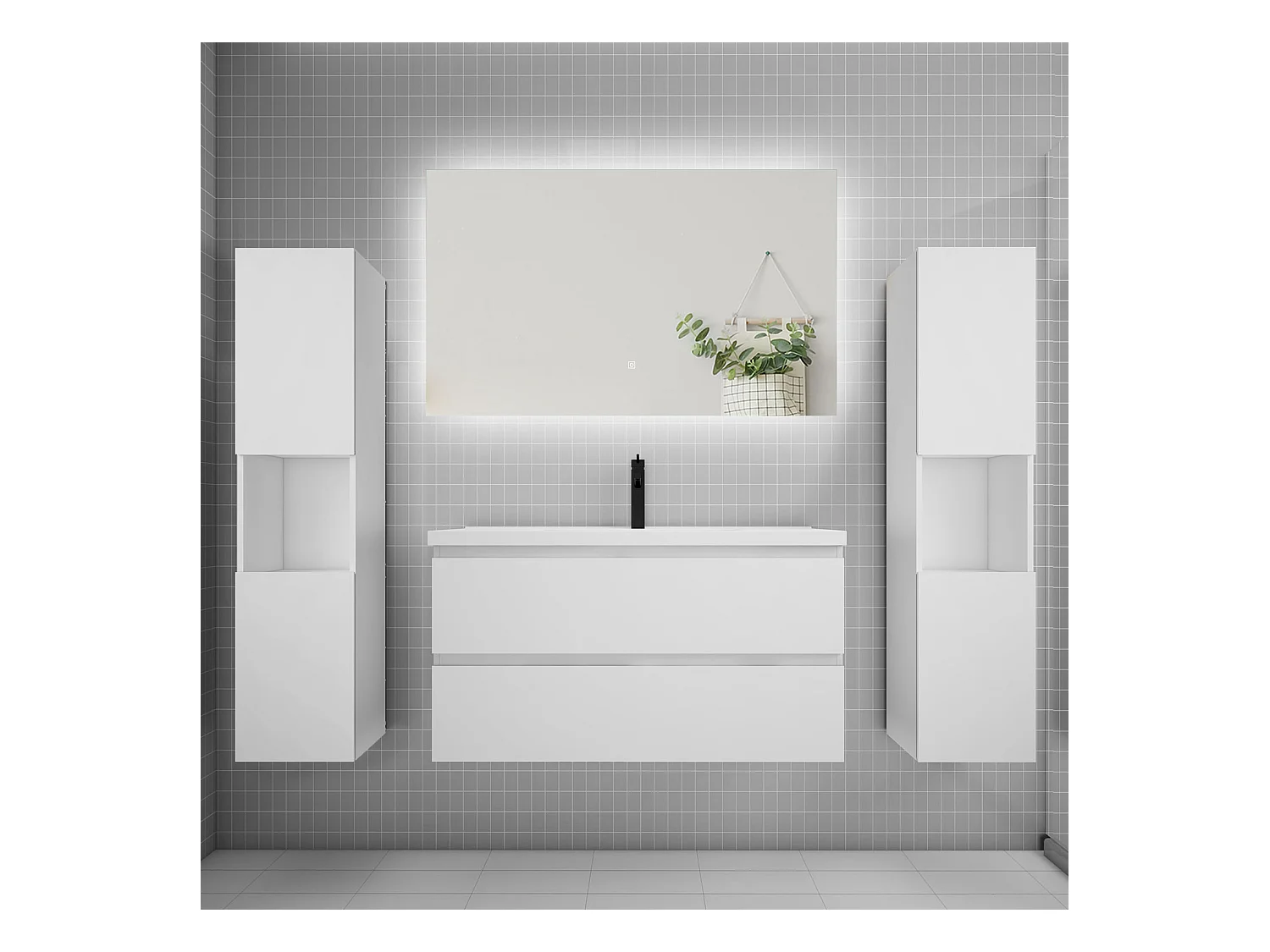 Ensemble meuble vasque L.100cm 2 tiroirs + lavabo + colonne + LED miroir 100cm,blanc