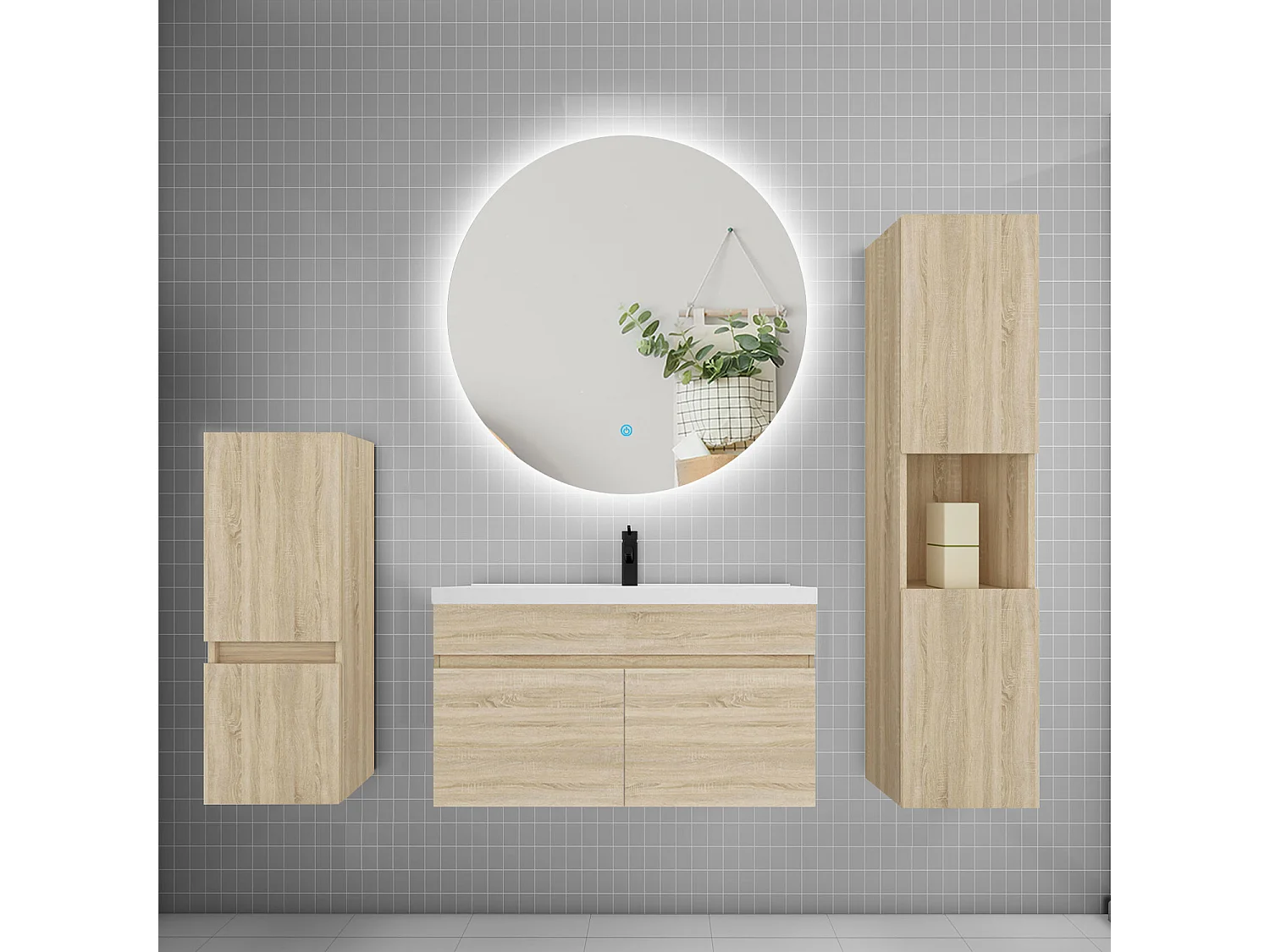 Ensemble meuble vasque L.80cm lavabo + colonne + miroir rond,chêne