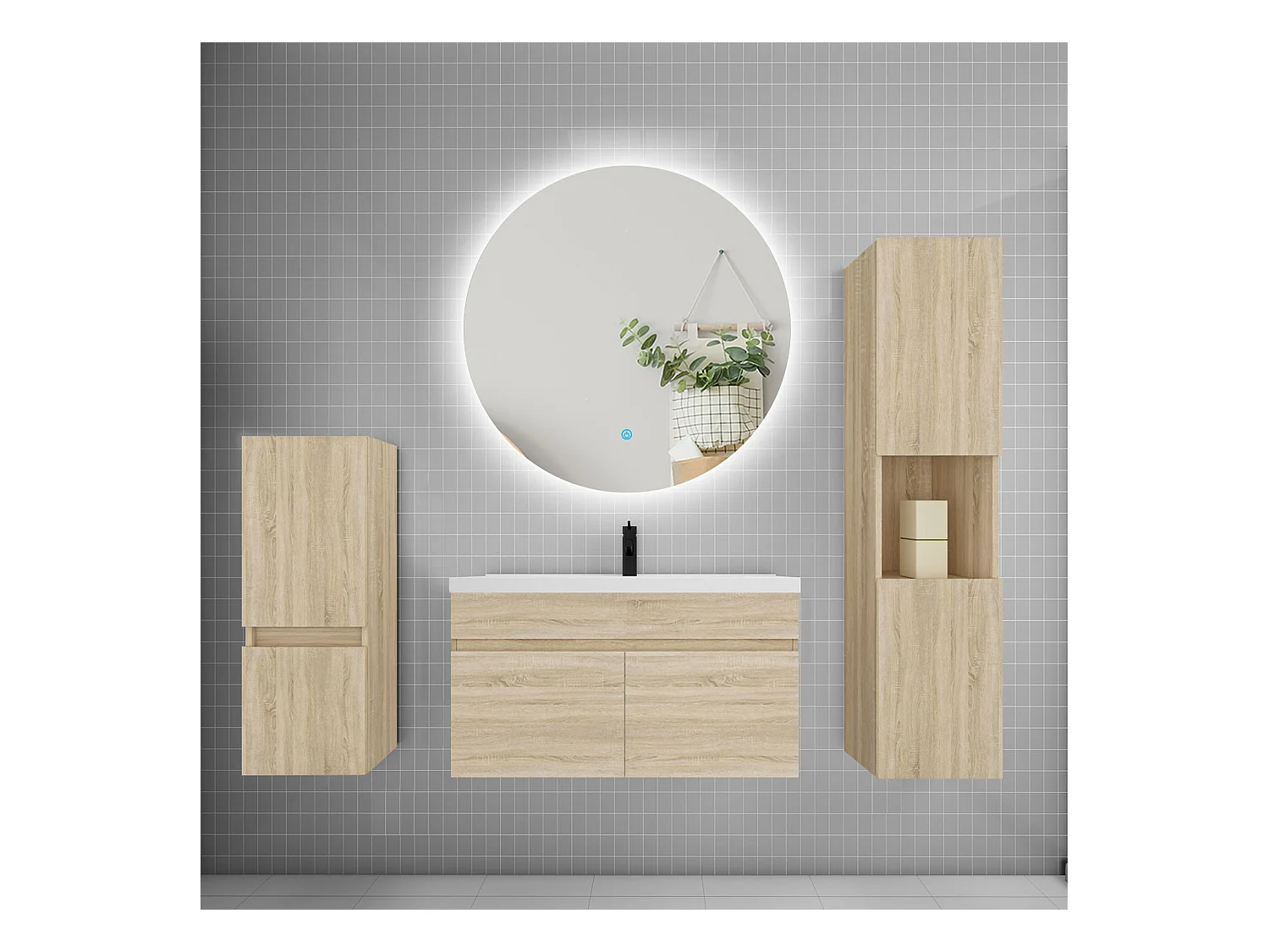 Ensemble meuble vasque L.80cm lavabo + colonne + miroir rond,chêne