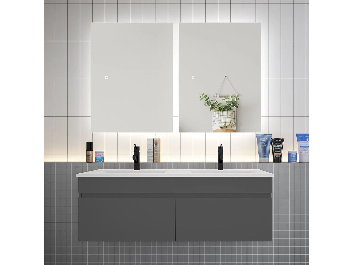 Ensemble meuble vasque L.120cm lavabo + LED miroir 60cm,anthracite