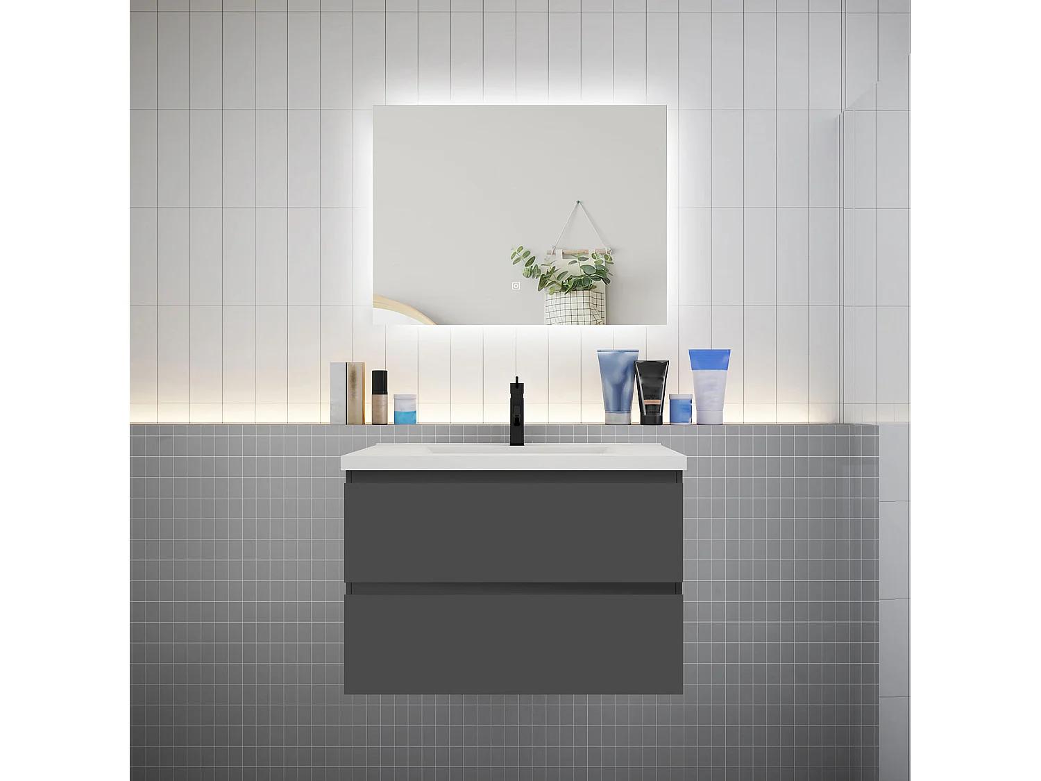 Ensemble meuble vasque L.80cm 2 tiroirs + lavabo + LED miroir 80cm,anthracite
