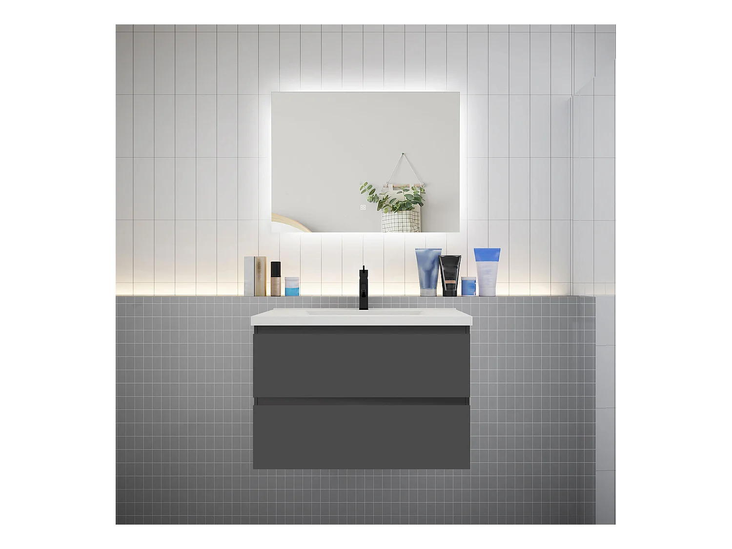 Ensemble meuble vasque L.80cm 2 tiroirs + lavabo + LED miroir 80cm,anthracite