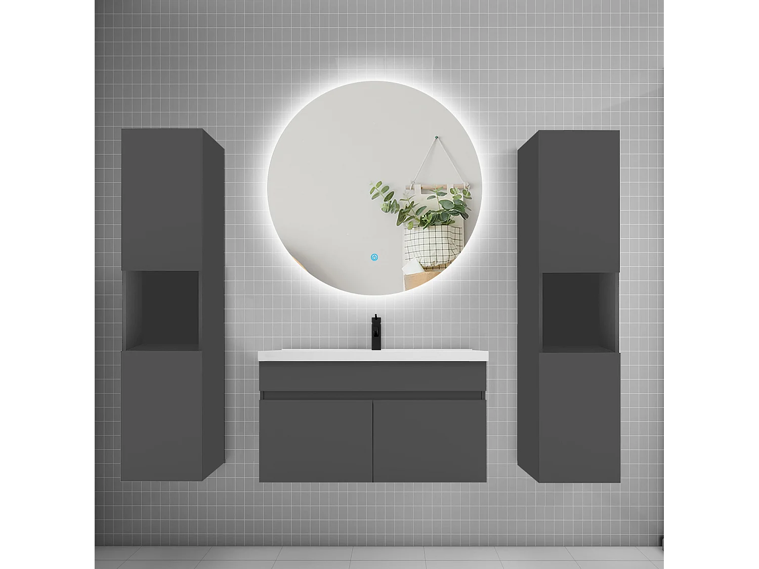Ensemble meuble vasque L.80cm lavabo + colonne + LED miroir rond 80cm,anthracite