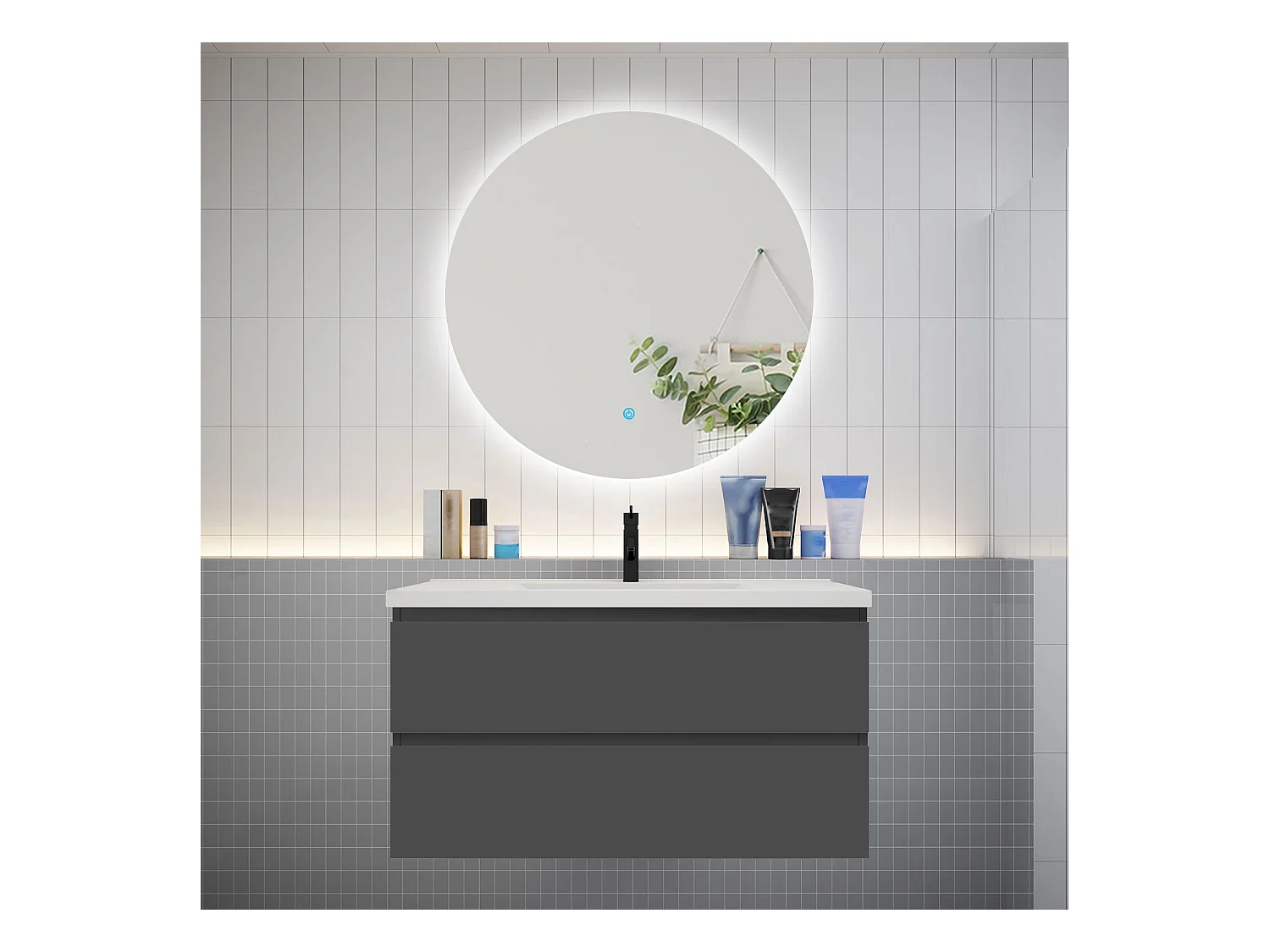 Ensemble meuble vasque L.100cm 2 tiroirs + lavabo + LED miroir rond 100cm,anthracite