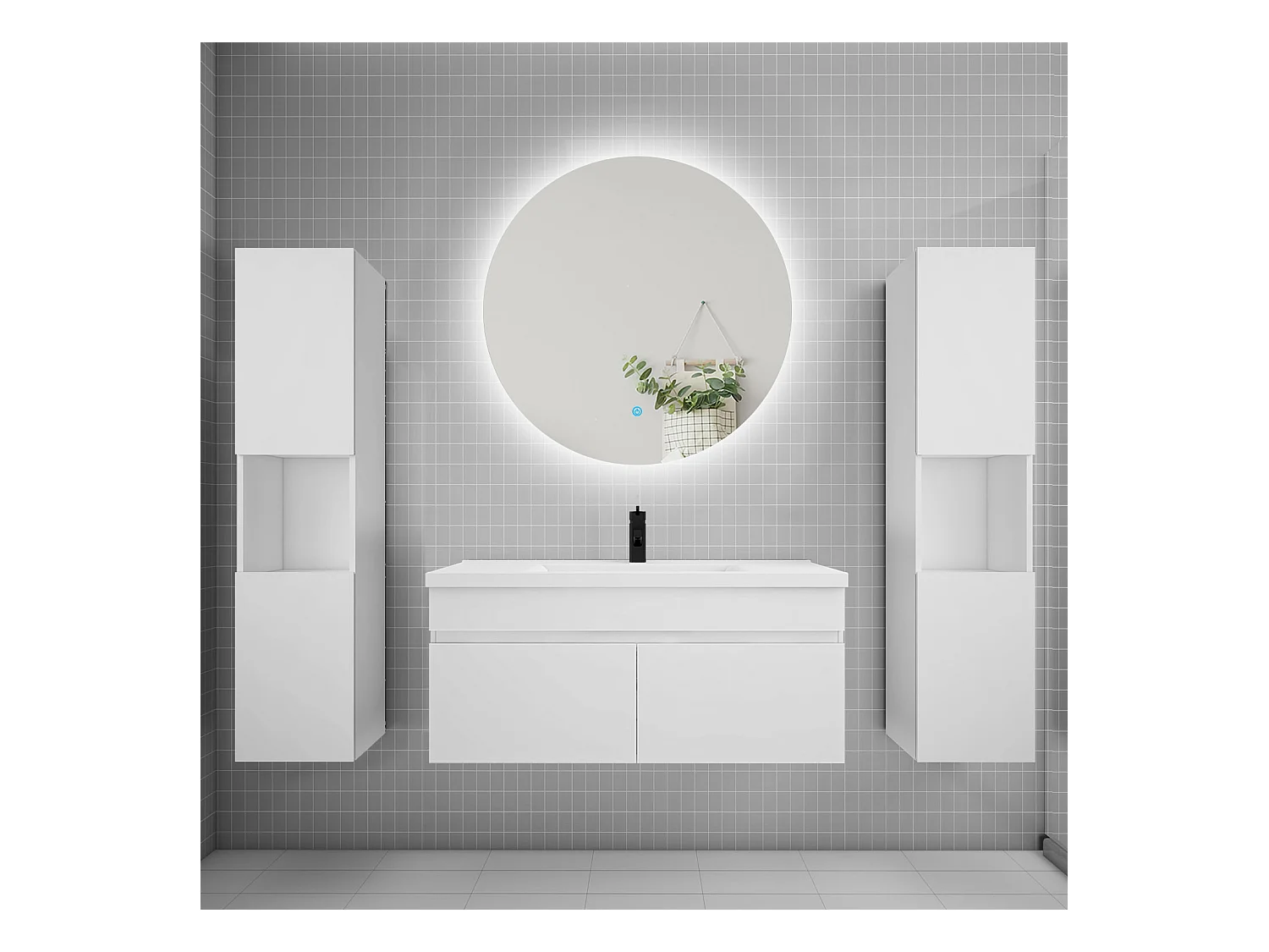 Ensemble meuble vasque L.100cm lavabo + colonne + LED miroir rond 100cm,blanc