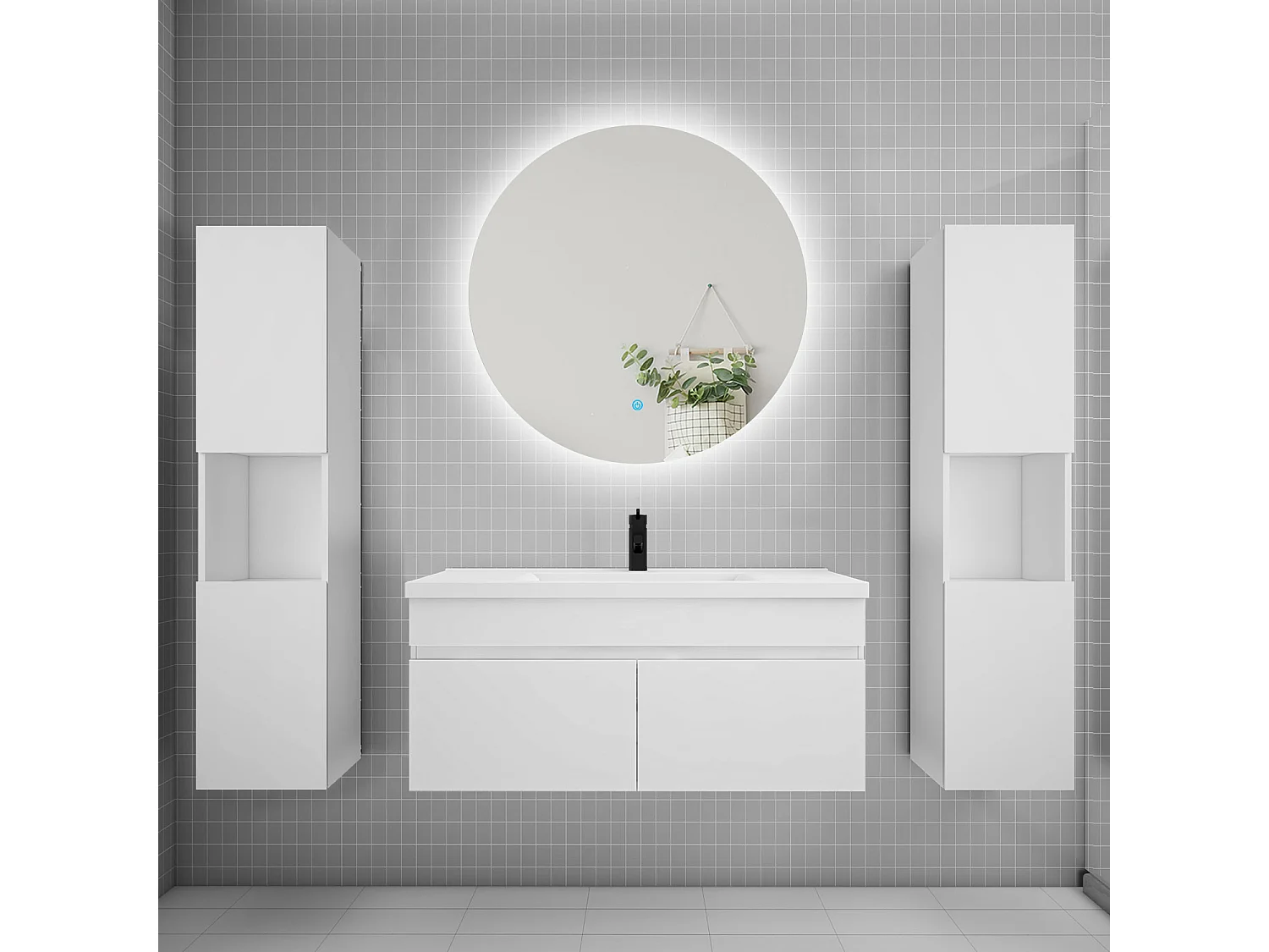 Ensemble meuble vasque L.100cm lavabo + colonne + LED miroir rond 100cm,blanc