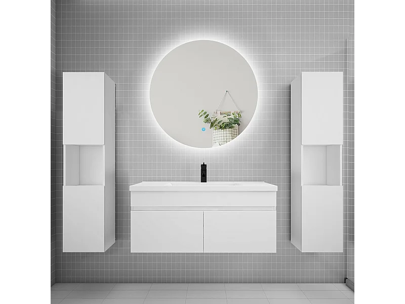 Ensemble meuble vasque L.100cm lavabo + colonne + LED miroir rond 100cm,blanc