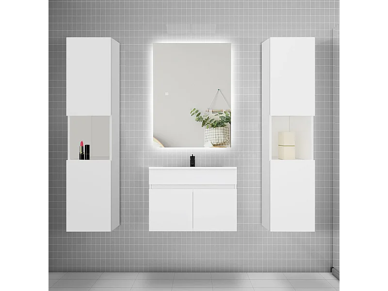 Ensemble meuble vasque L.60cm lavabo + colonne + LED miroir 60cm,blanc