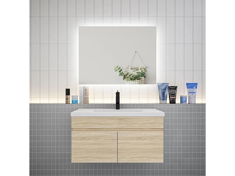 Ensemble meuble vasque L.80cm lavabo + LED miroir 80cm,chêne