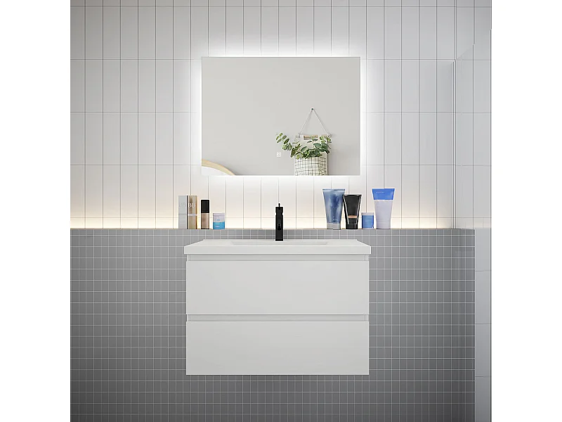 Ensemble meuble vasque L.80cm 2 tiroirs + lavabo + LED miroir 80cm,blanc