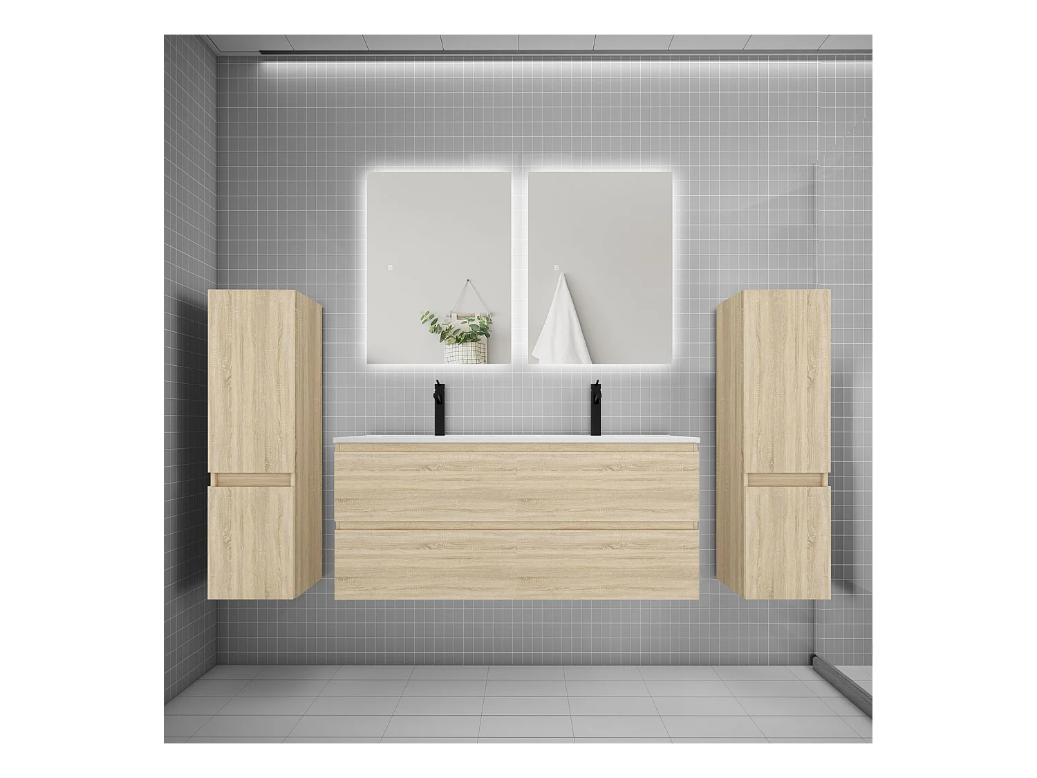 Ensemble meuble vasque L.120cm 2 tiroirs + lavabo + colonne + miroir 60cm,chêne