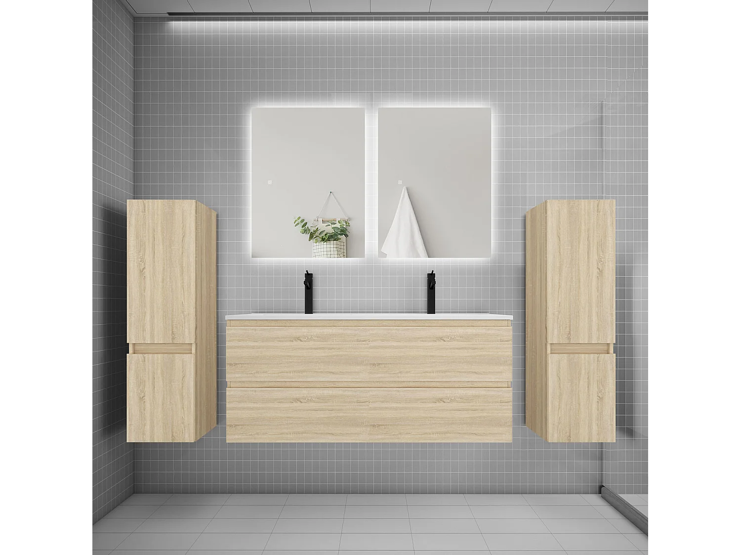 Ensemble meuble vasque L.120cm 2 tiroirs + lavabo + colonne + miroir 60cm,chêne
