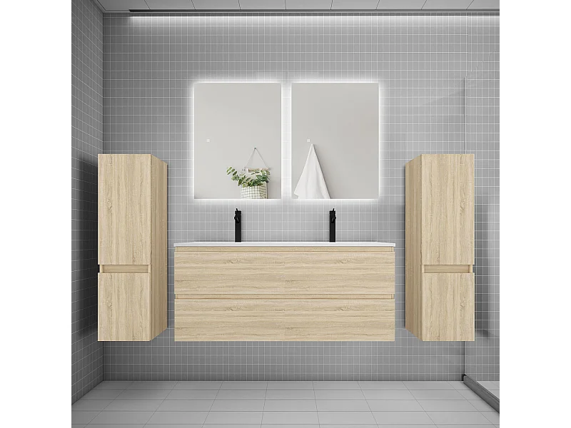 Ensemble meuble vasque L.120cm 2 tiroirs + lavabo + colonne + miroir 60cm,chêne