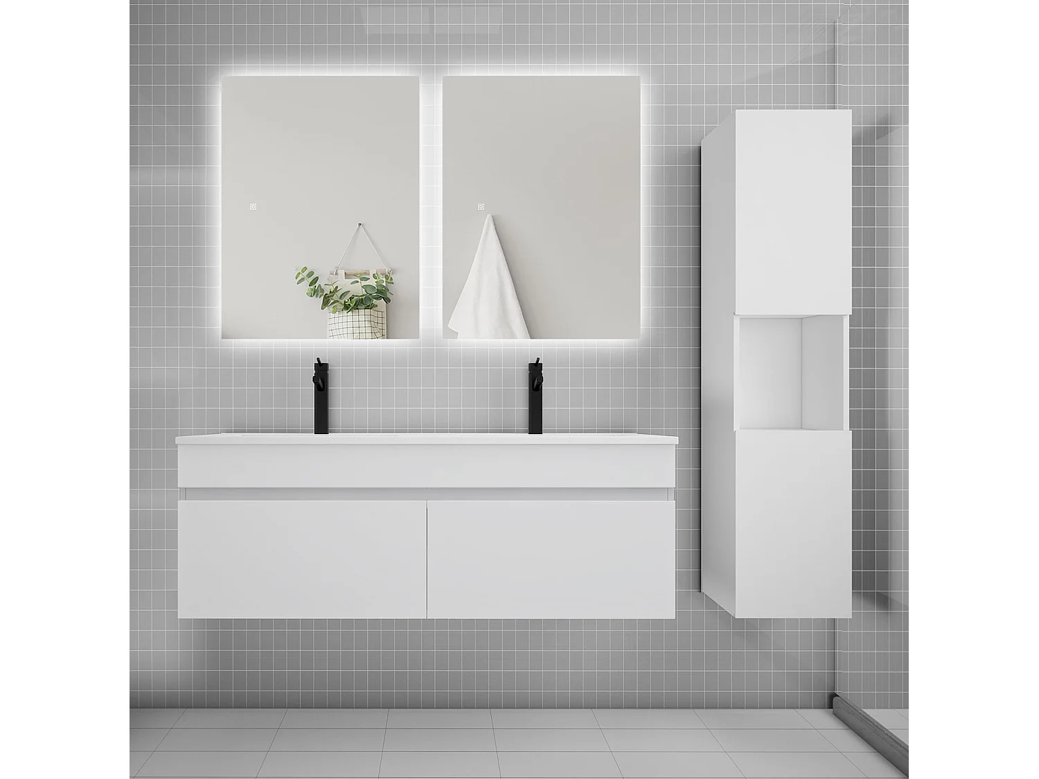 Ensemble meuble vasque 120cm lavabo + colonne + miroir,blanc