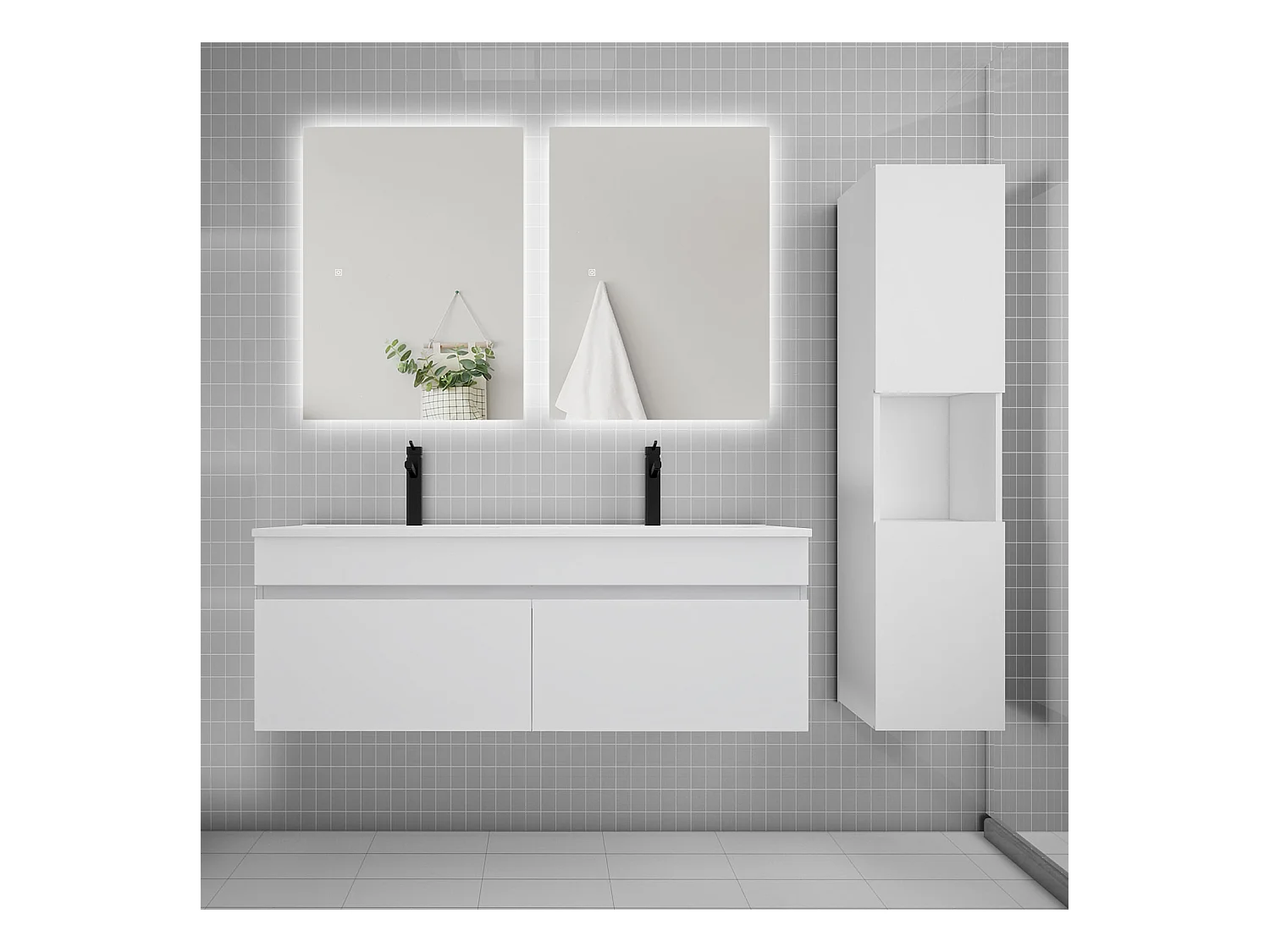 Ensemble meuble vasque 120cm lavabo + colonne + miroir,blanc