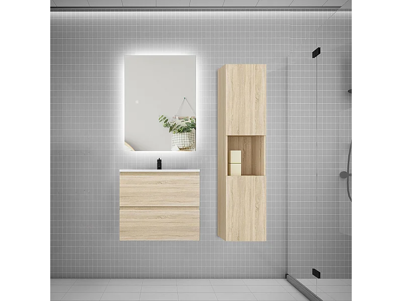 Ensemble meuble vasque 60cm 2 tiroirs + lavabo + colonne + miroir,chêne