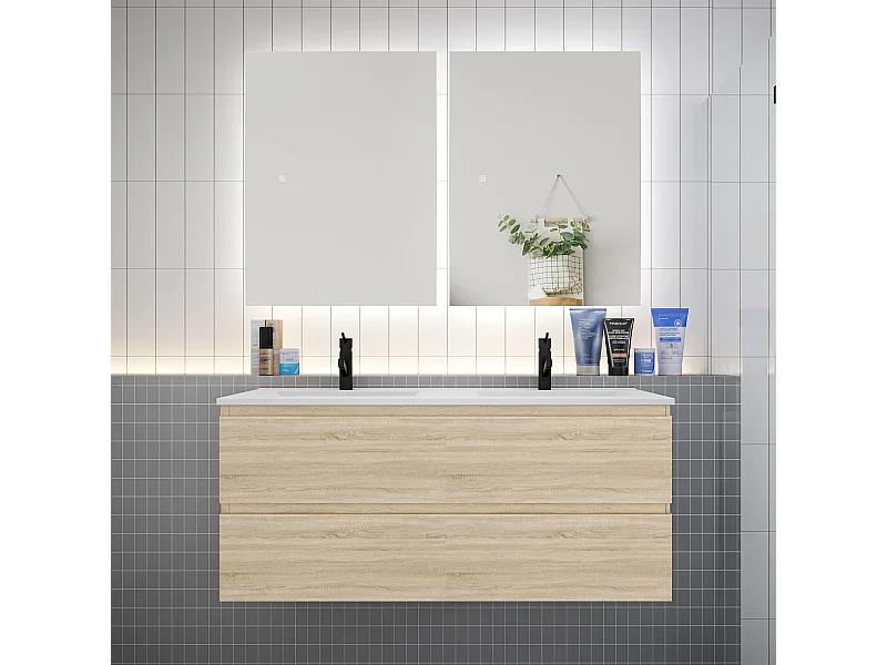 Ensemble meuble vasque L.120cm 2 tiroirs + lavabo + LED miroir 60cm,chêne