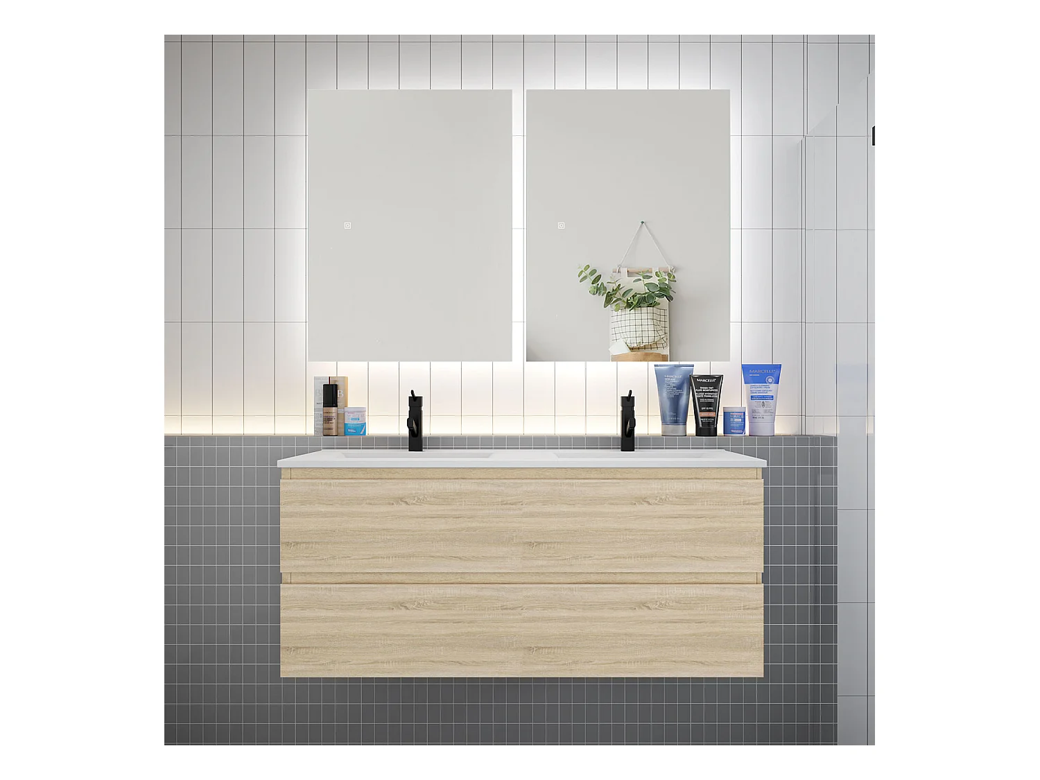 Ensemble meuble vasque L.120cm 2 tiroirs + lavabo + LED miroir 60cm,chêne