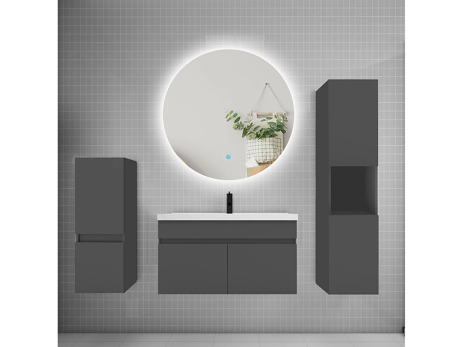 Ensemble meuble vasque L.80cm lavabo + colonne + miroir rond,anthracite