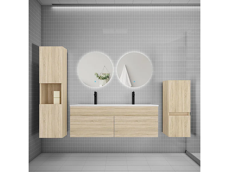 Ensemble meuble vasque L.120cm lavabo + colonne + miroir rond,chêne