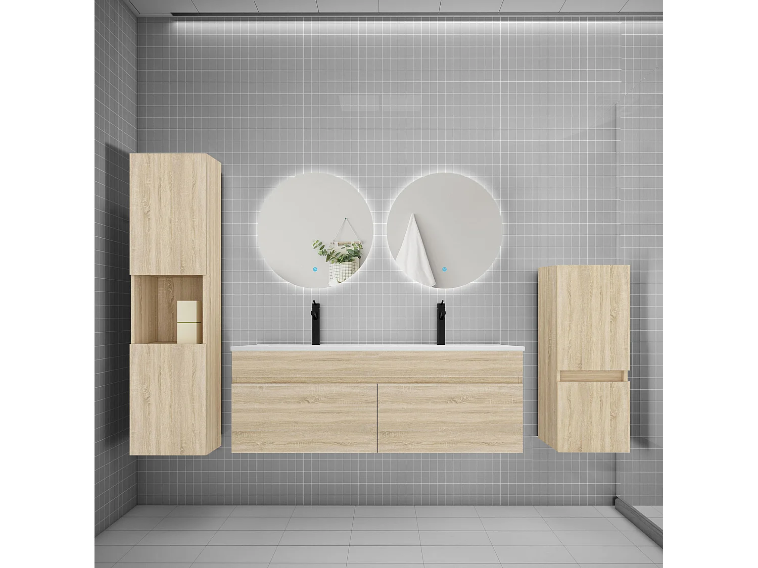 Ensemble meuble vasque L.120cm lavabo + colonne + miroir rond,chêne