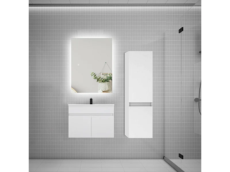 Ensemble meuble simple vasque 60cm lavabo + colonne + miroir,blanc