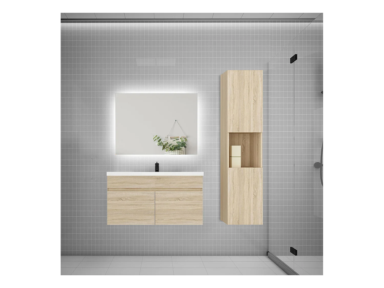 Ensemble meuble vasque 80cm lavabo + colonne + miroir,chêne