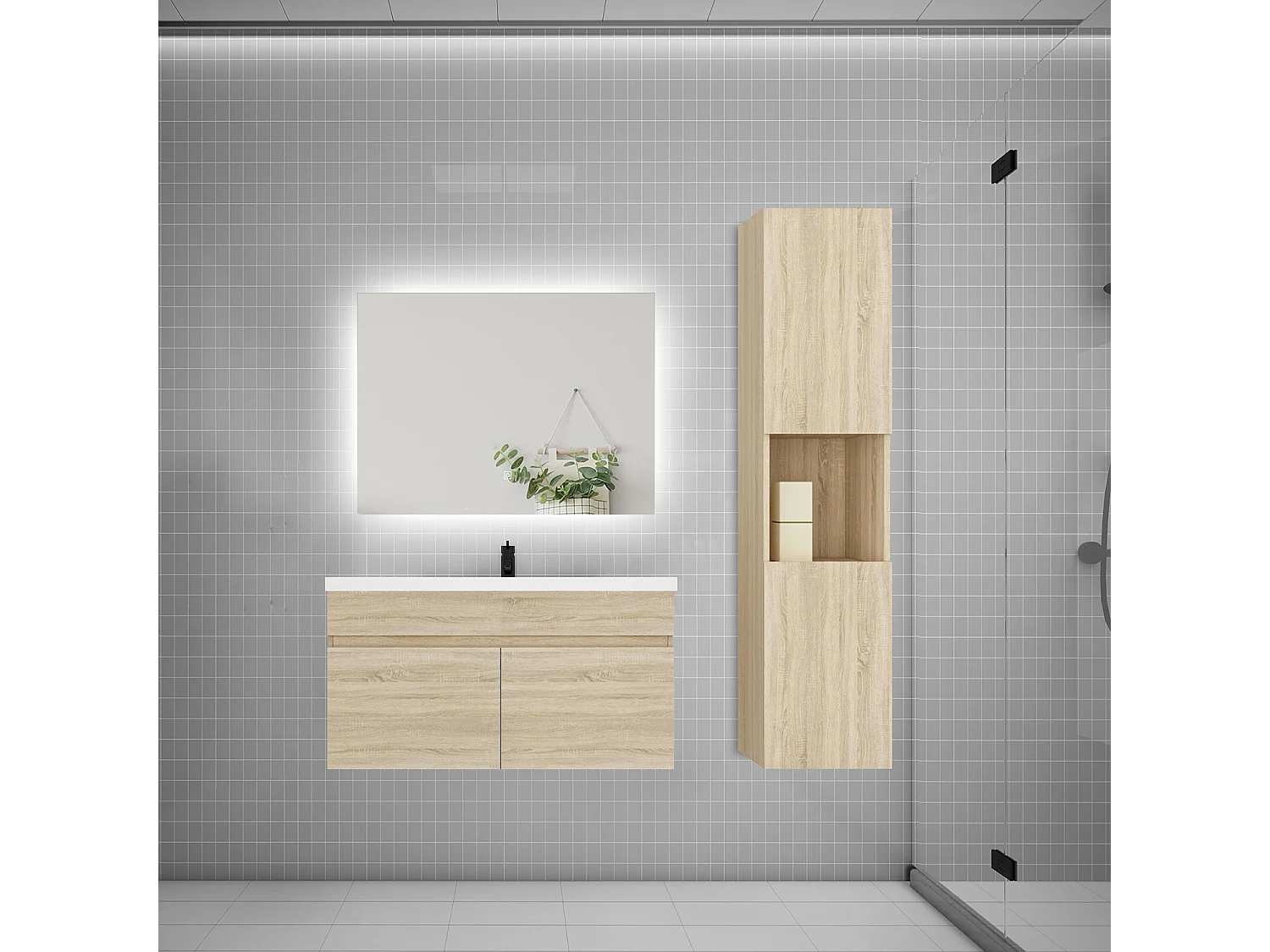 Ensemble meuble vasque 80cm lavabo + colonne + miroir,chêne