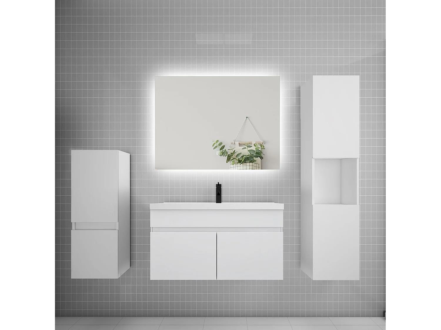Ensemble meuble vasque L.80cm lavabo + colonne + miroir,blanc