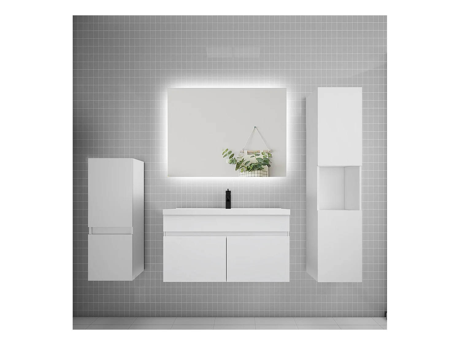 Ensemble meuble vasque L.80cm lavabo + colonne + miroir,blanc