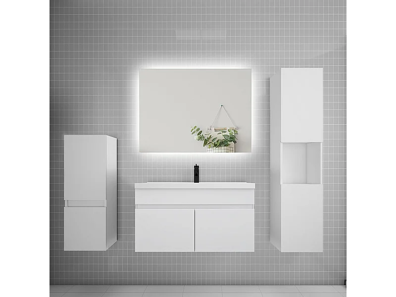 Ensemble meuble vasque L.80cm lavabo + colonne + miroir,blanc