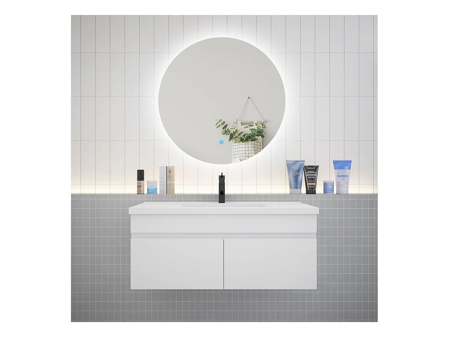 Ensemble meuble vasque L.100cm lavabo + LED miroir rond 100cm,blanc