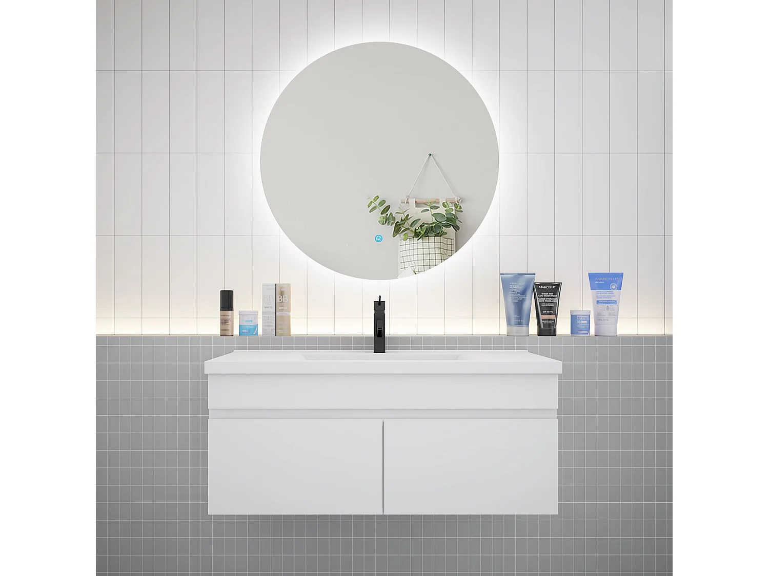 Ensemble meuble vasque L.100cm lavabo + LED miroir rond 100cm,blanc