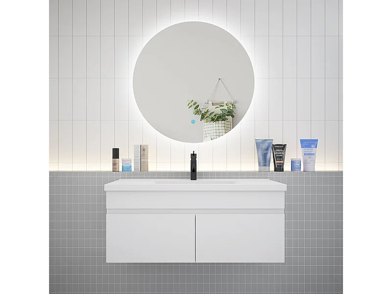 Ensemble meuble vasque L.100cm lavabo + LED miroir rond 100cm,blanc