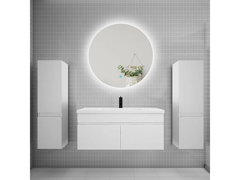 Ensemble meuble vasque L.100cm lavabo + colonne + miroir rond 100cm,blanc