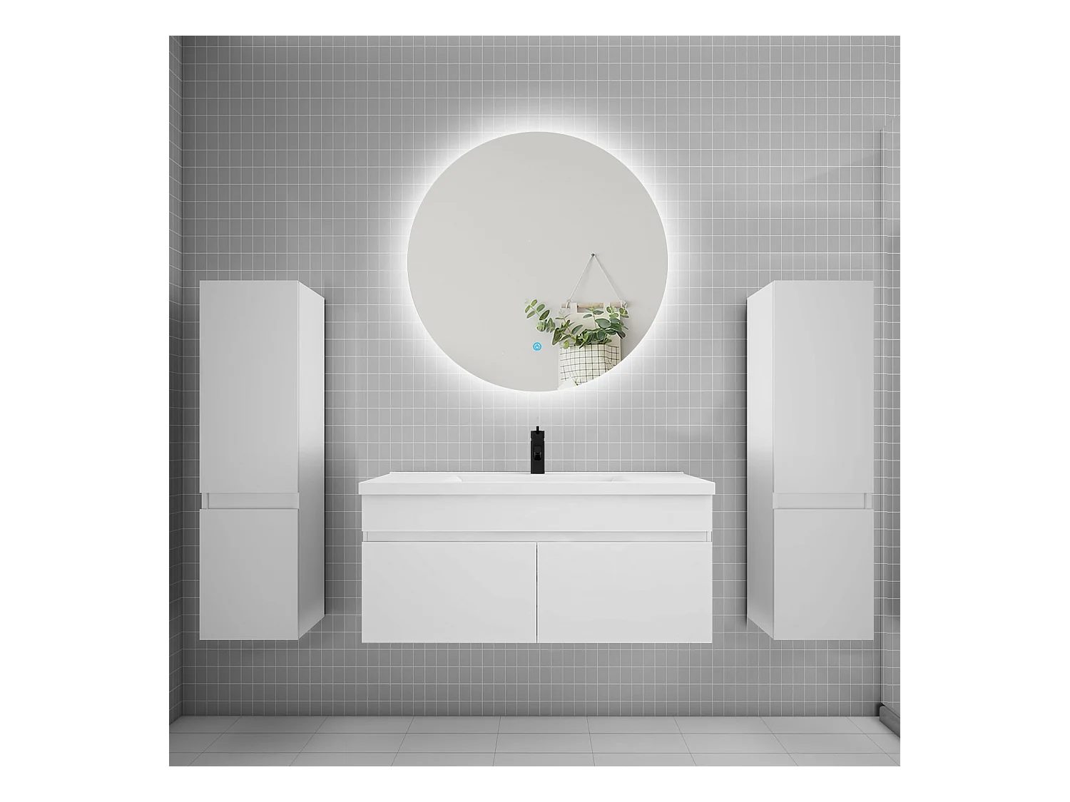 Ensemble meuble vasque L.100cm lavabo + colonne + miroir rond 100cm,blanc