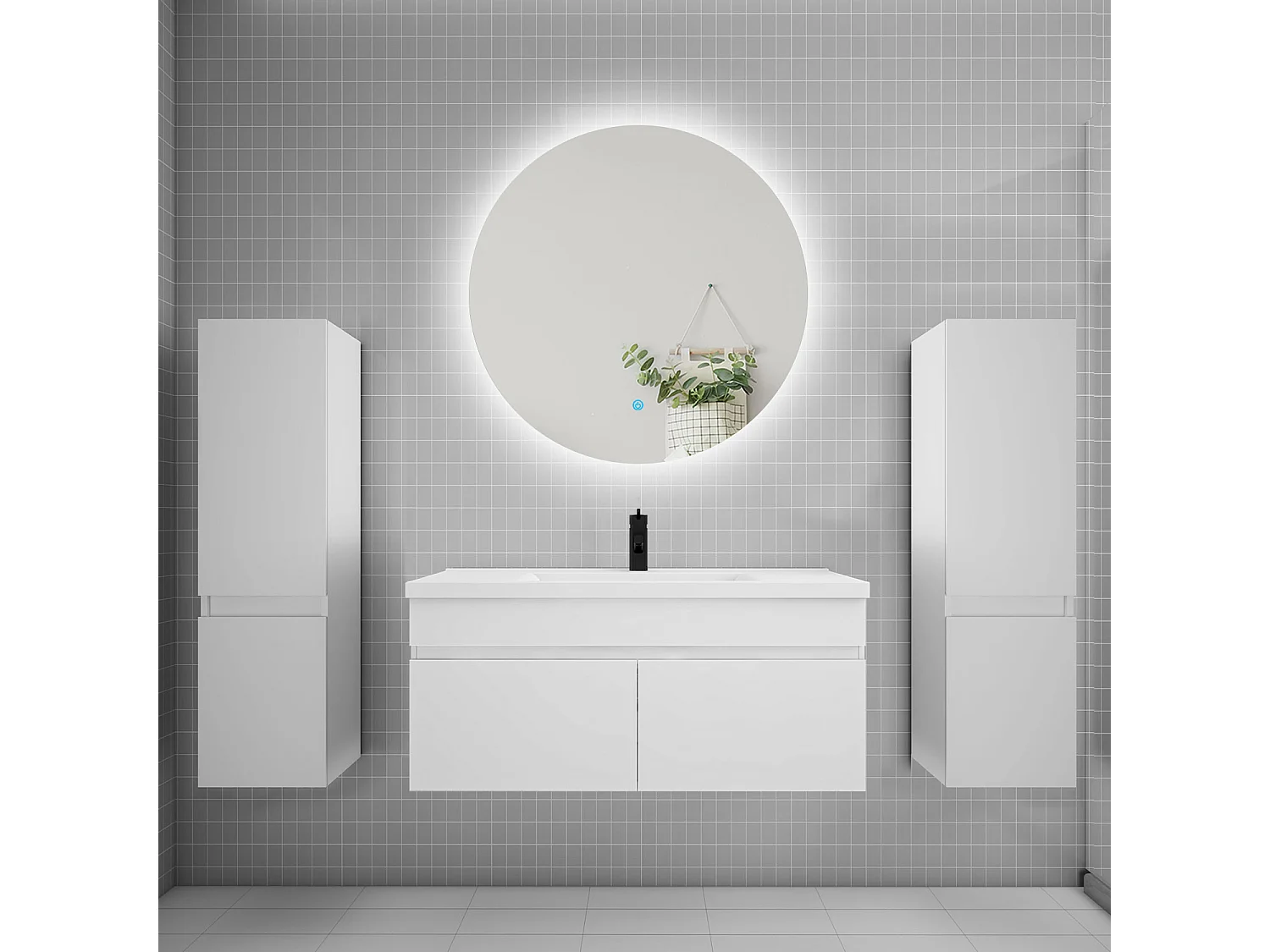 Ensemble meuble vasque L.100cm lavabo + colonne + miroir rond 100cm,blanc