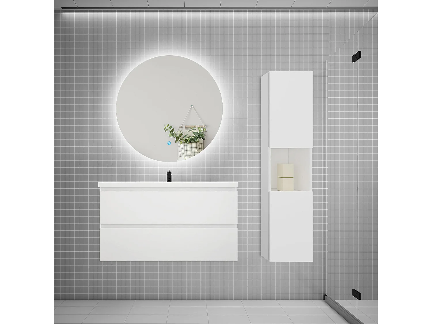 Ensemble meuble vasque 100cm 2 tiroirs + lavabo + colonne + miroir rond,blanc