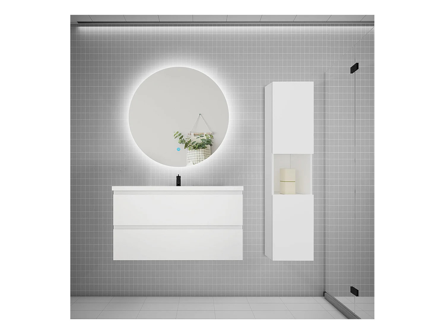 Ensemble meuble vasque 100cm 2 tiroirs + lavabo + colonne + miroir rond,blanc