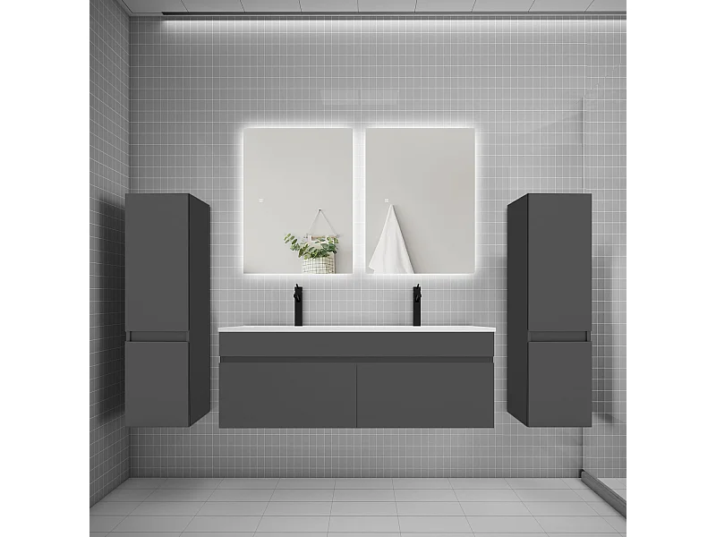 Ensemble meuble vasque L.120cm lavabo + colonne + miroir 60cm,anthracite