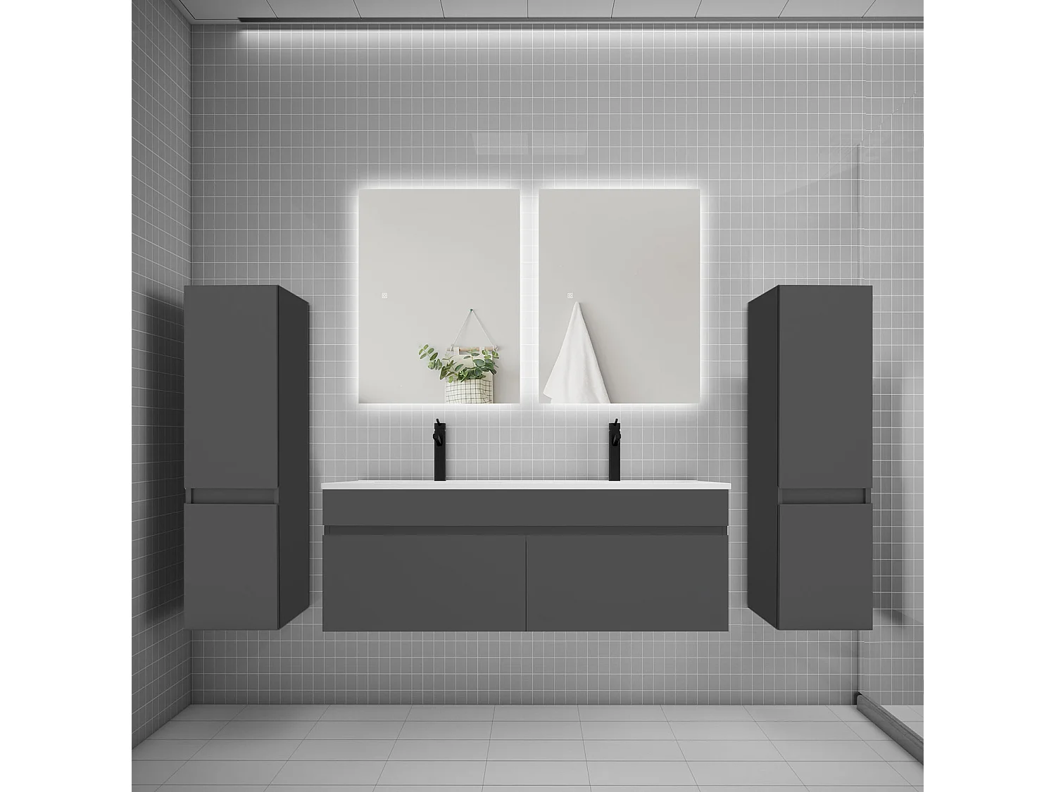 Ensemble meuble vasque L.120cm lavabo + colonne + miroir 60cm,anthracite