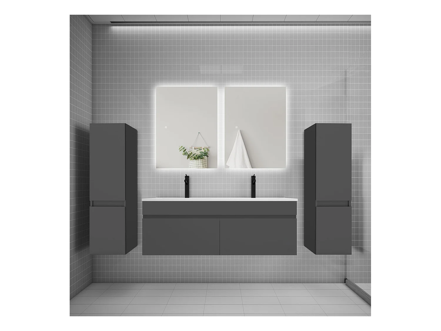 Ensemble meuble vasque L.120cm lavabo + colonne + miroir 60cm,anthracite