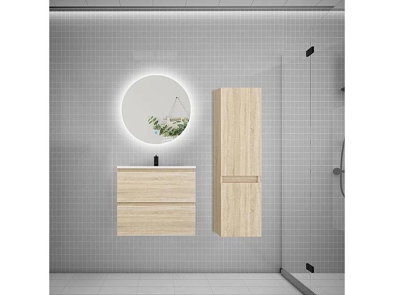 Ensemble meuble simple vasque 60cm 2 tiroirs + lavabo + colonne + miroir rond,chêne