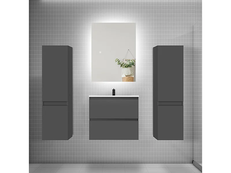 Ensemble meuble vasque L.60cm 2 tiroirs + lavabo + colonne + miroir 60cm,anthracite