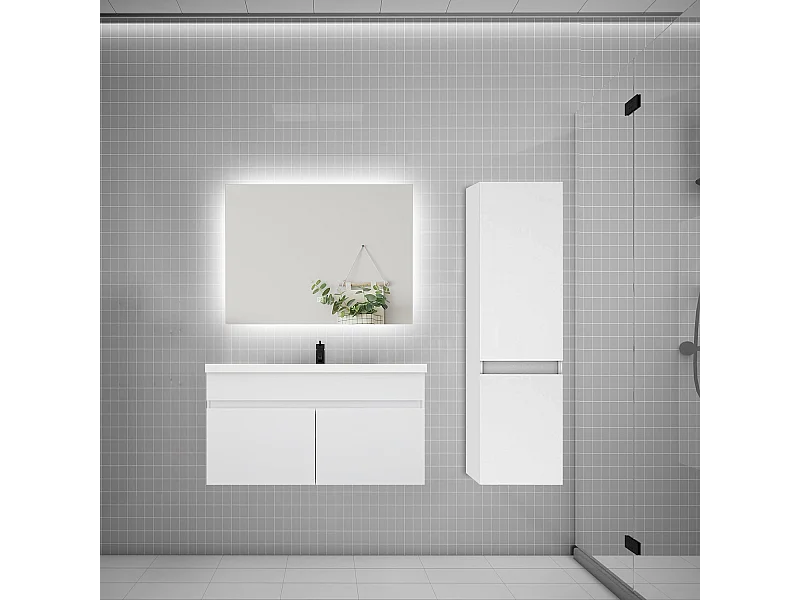 Ensemble meuble simple vasque 80cm lavabo + colonne + miroir,blanc