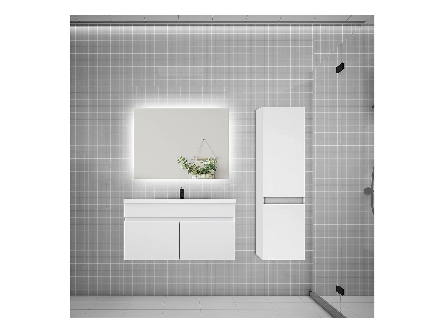 Ensemble meuble simple vasque 80cm lavabo + colonne + miroir,blanc