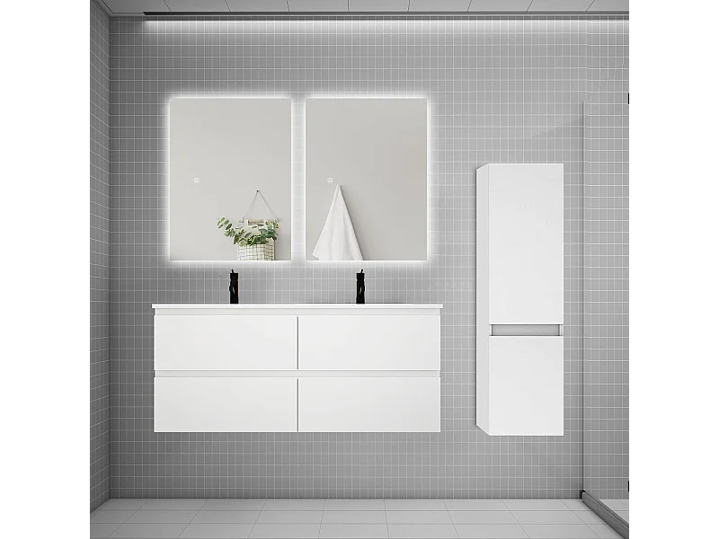 Ensemble meuble double vasque 120cm 2 tiroirs + lavabo + colonne + miroir,blanc