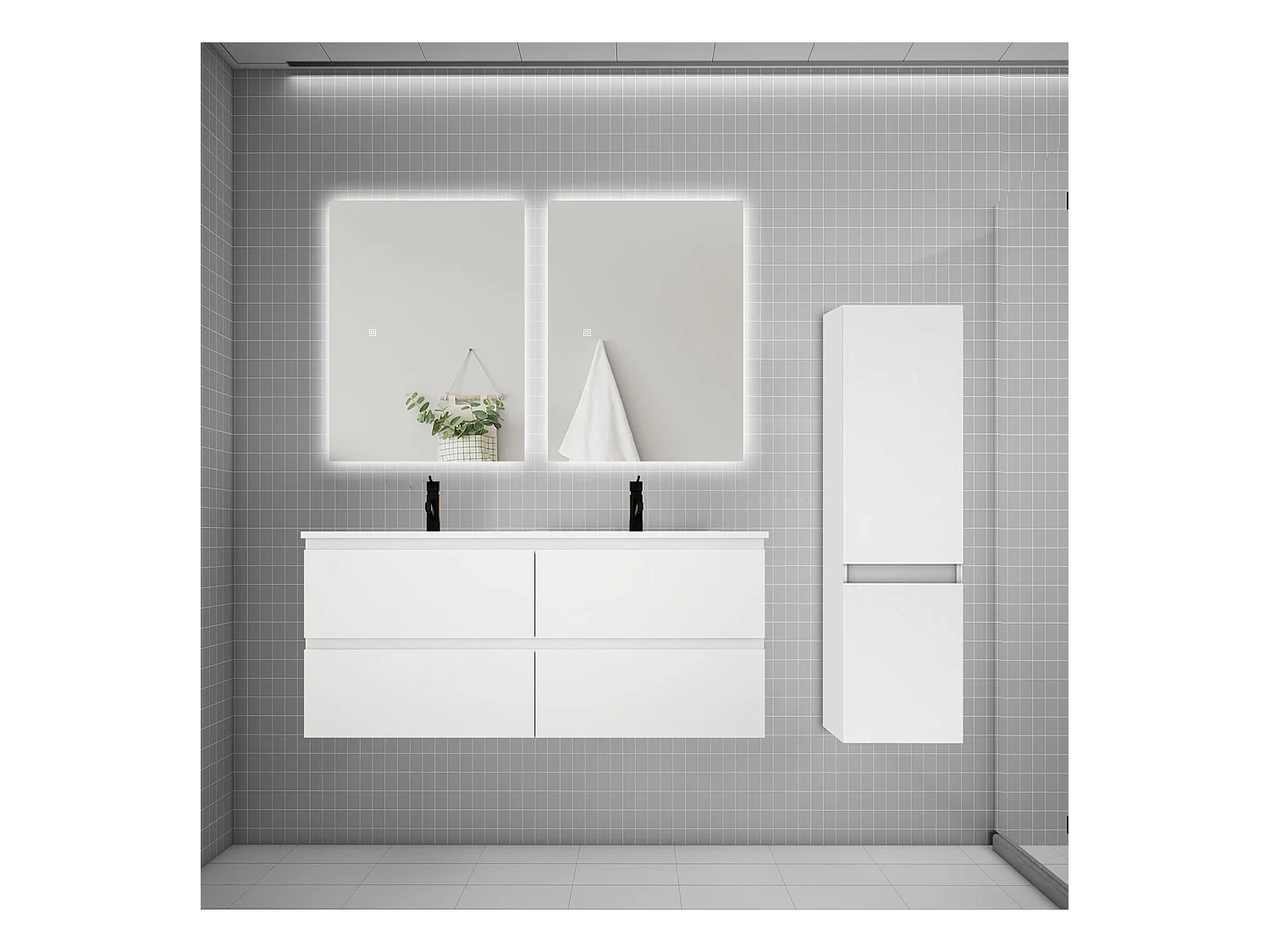 Ensemble meuble double vasque 120cm 2 tiroirs + lavabo + colonne + miroir,blanc