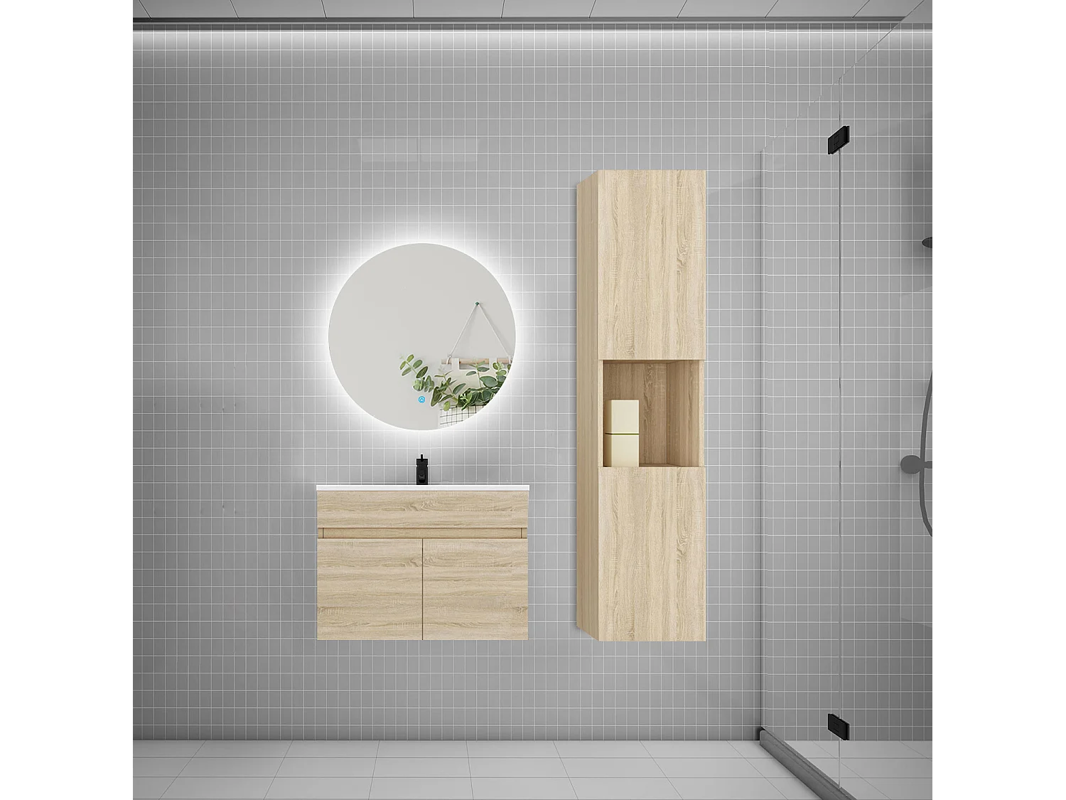 Ensemble meuble vasque 60cm lavabo + colonne + miroir rond,chêne